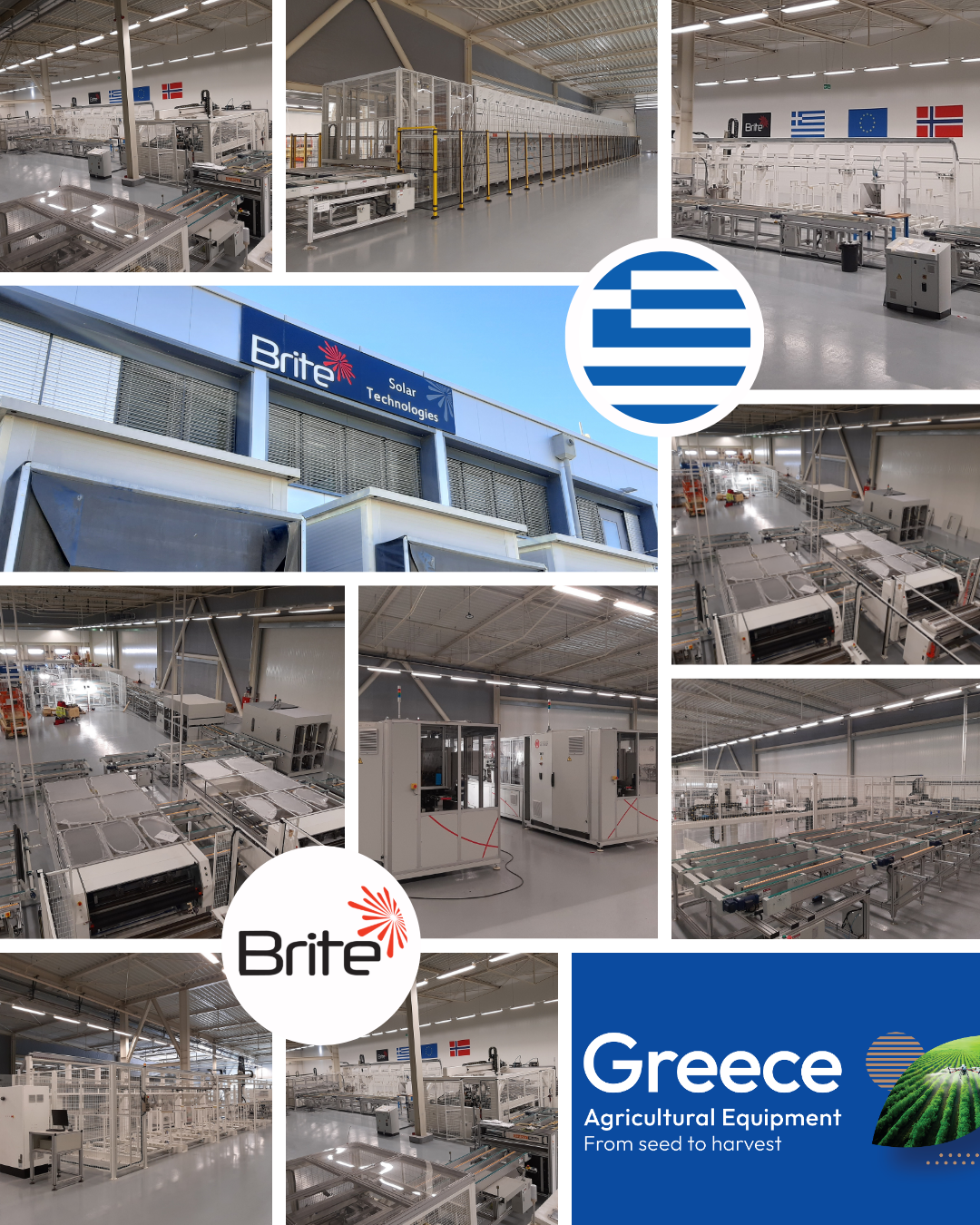 Banner showcasing selected images from Brite Solar’s new high-tech manufacturing plant, dedicated to semi-transparent photovoltaic panel production.