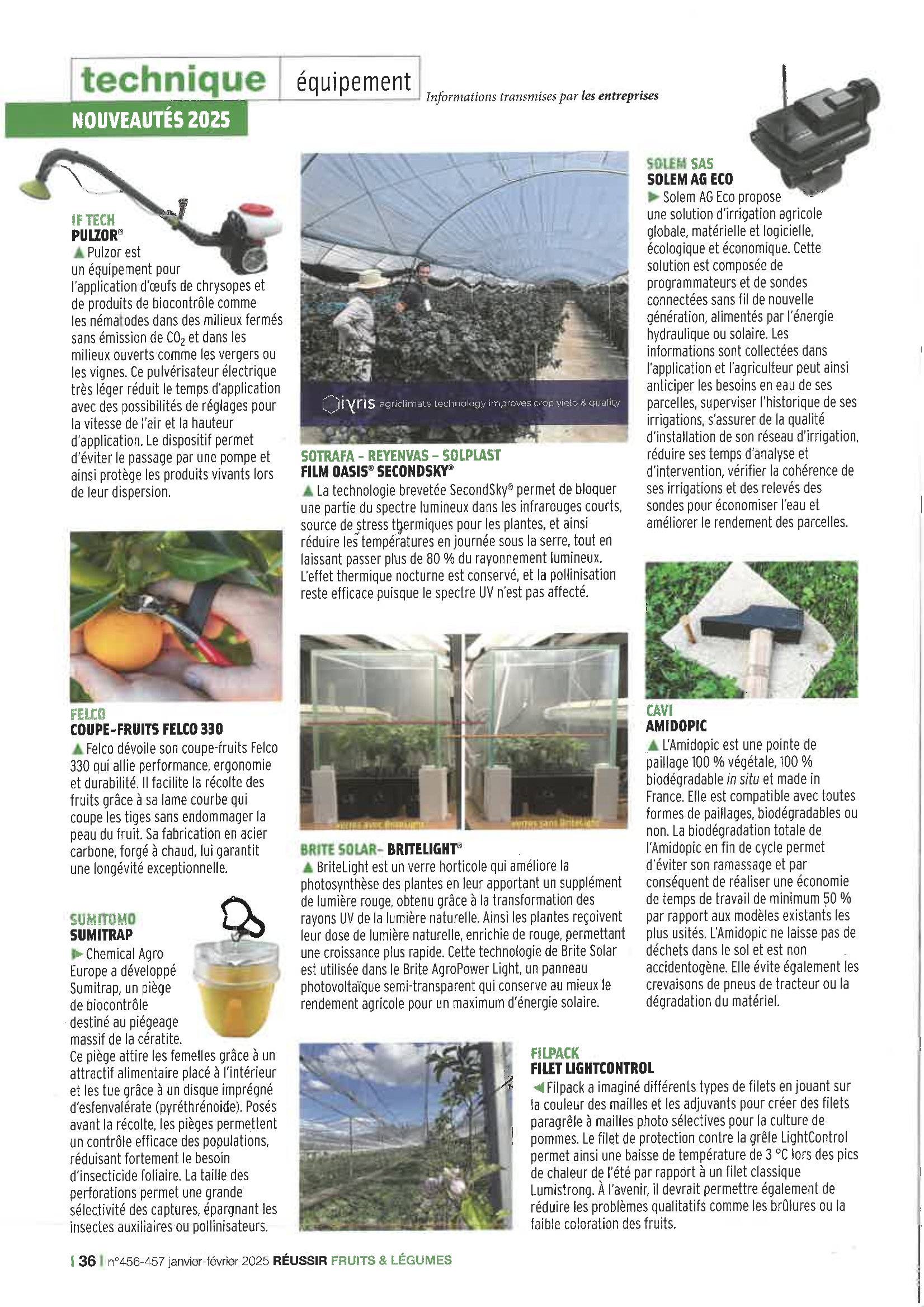 Brite Solar is highlighted in the Jan-Feb 2025 issue of Réussir Fruits & Légumes for its pioneering semi-transparent solar technology.